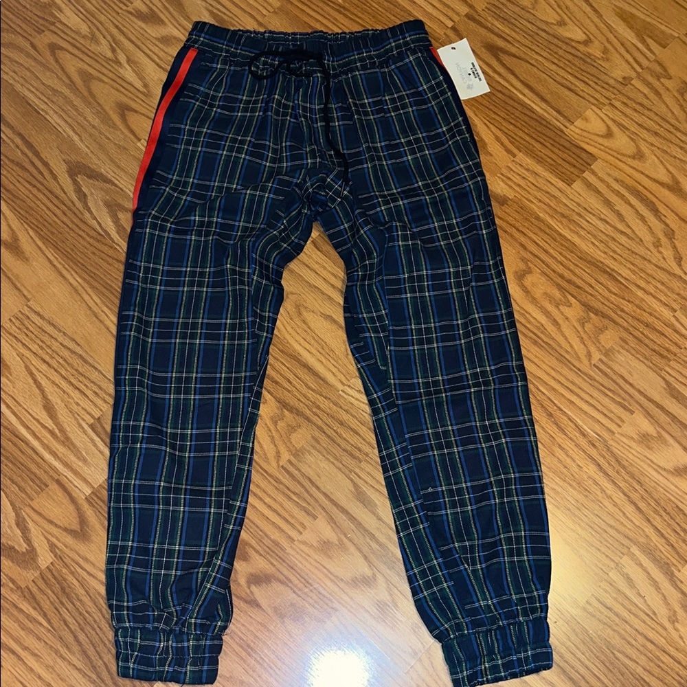 Rebel Canyon mens medium plaid pajama jogger lounge pants green side stripe NWT